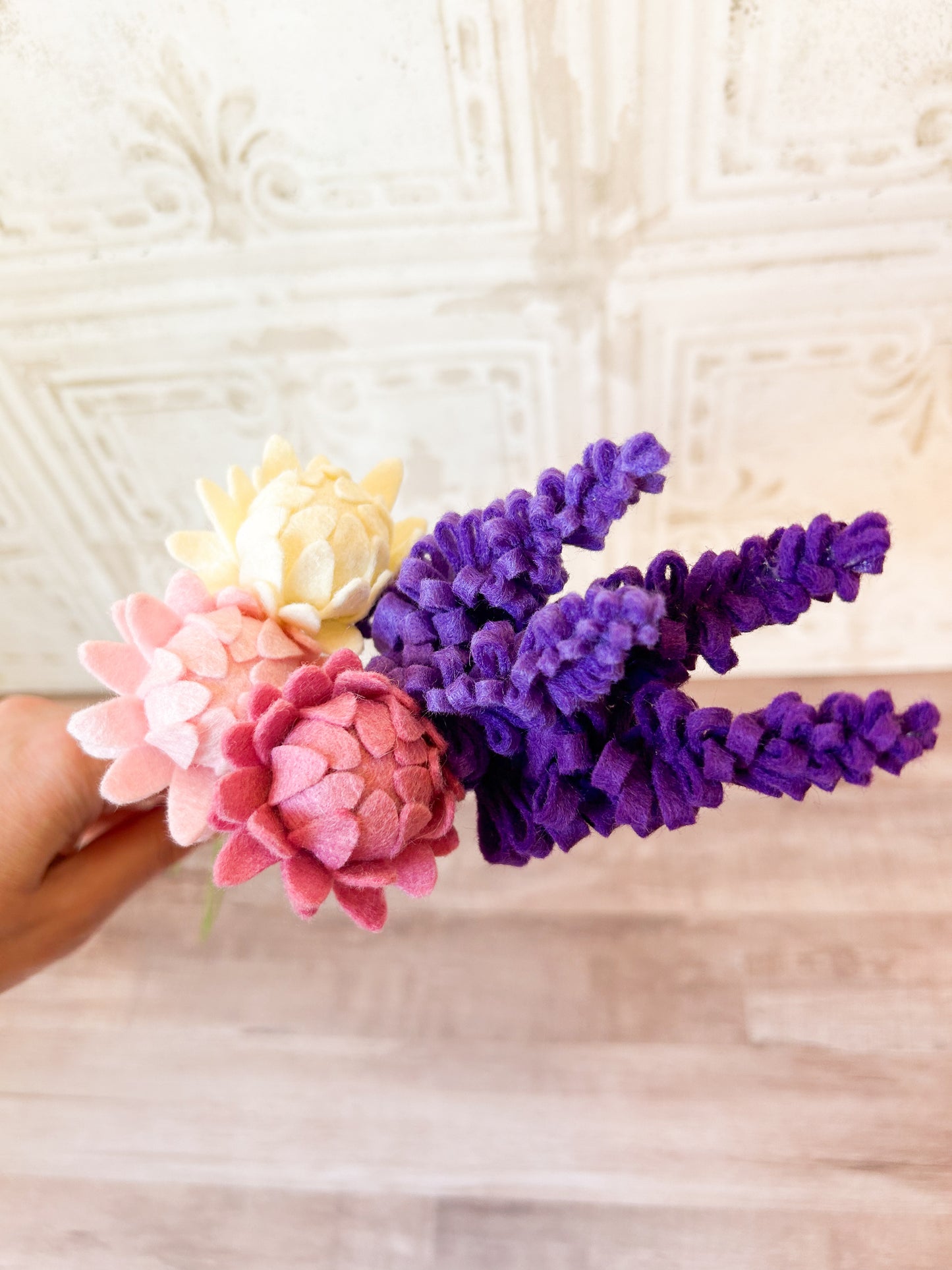 Pink and Cream Dahlia Stems with Lavender Floral Bouquet