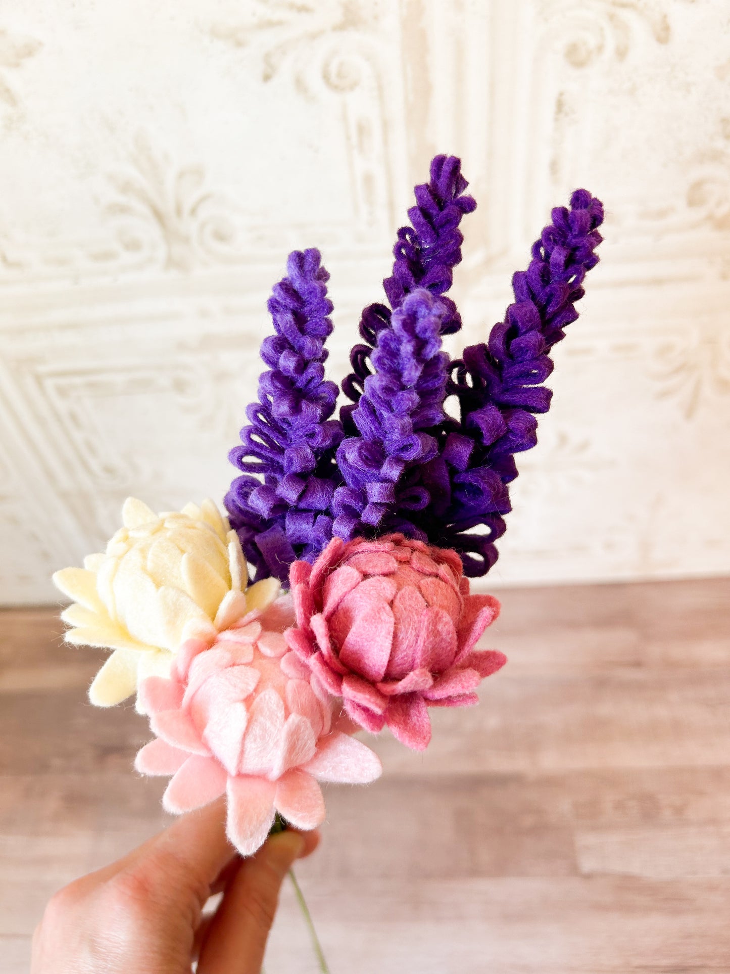 Pink and Cream Dahlia Stems with Lavender Floral Bouquet